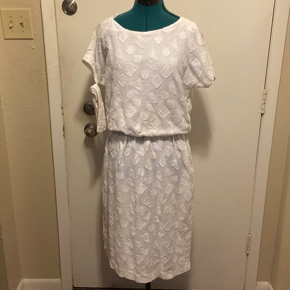 Vintage Womens 100% Cotton White Dress elastic waist w/Belt 2pockets